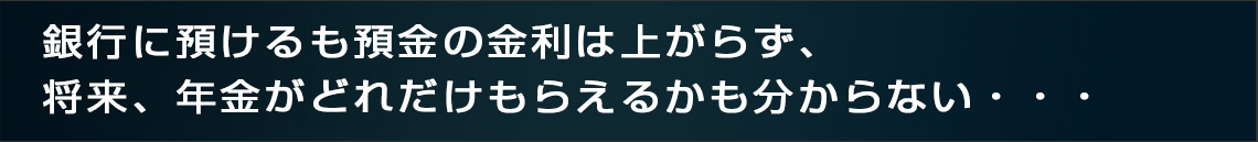 銀行に預けるも預金の金利は上がらず、
将来、年金がどれだけもらえるかも分からない・・・