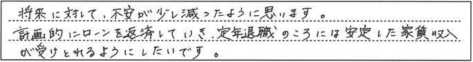 将来に対して、不安が少し減ったように思います。計画的にローンを返済していき、定年退職のころには安定した家賃収入が受け取れるようにしたいです。